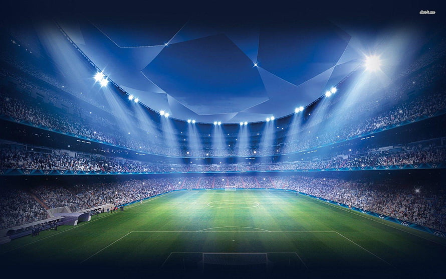 Illuminated Soccer Stadium at Night with Bright Floodlights and Crowd HD wallpaper