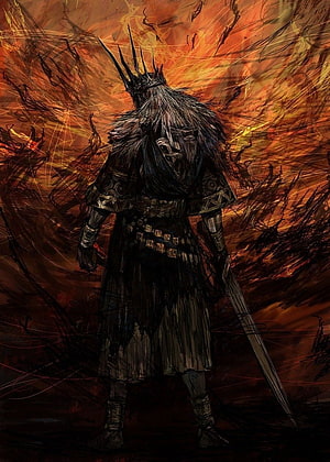 Gwyn, Lord of Cinder from Dark Souls in a fiery inferno with a spiky crown and sword HD phone wallpaper