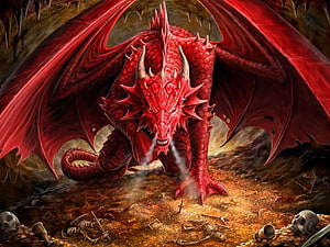 Majestic Red Dragon Guarding a Treasure Hoard in a Dark Fantasy Cave HD wallpaper