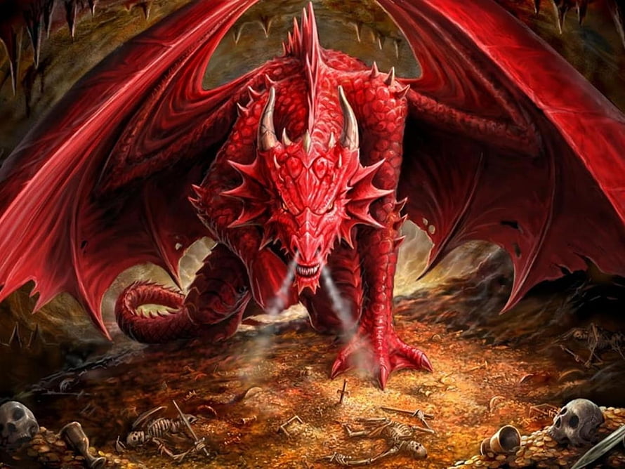 Majestic Red Dragon Guarding a Treasure Hoard in a Dark Fantasy Cave HD wallpaper