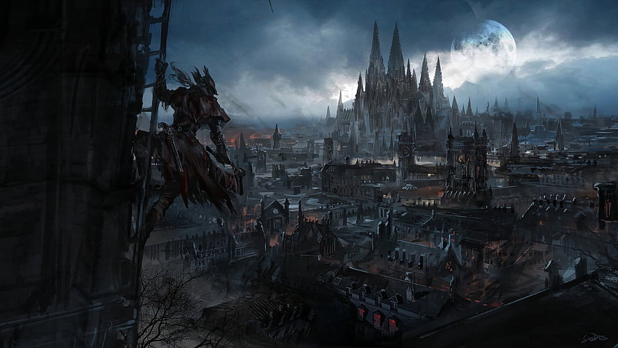Bloodborne Concept Art: Armored Hunter Scaling a Tower Over a Gothic City at Night HD wallpaper