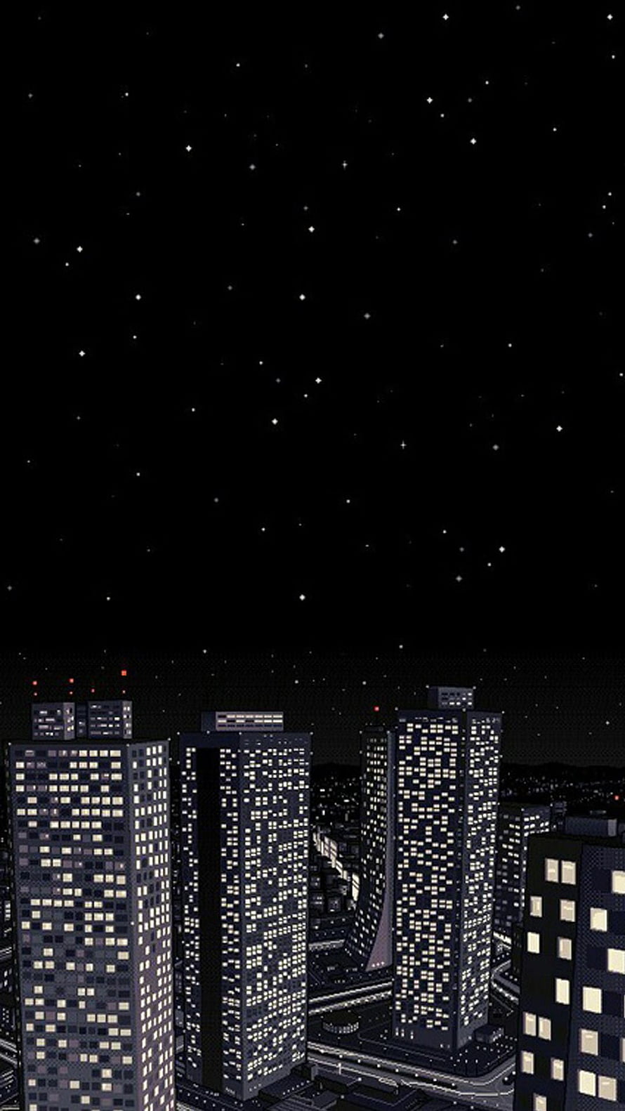 Pixel Art Night City Skyline With Starry Sky And Illuminated Skyscrapers HD phone wallpaper