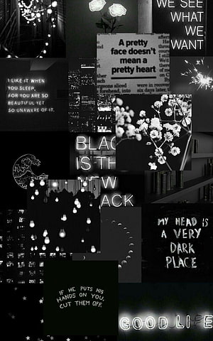 Dark Aesthetic Collage with Black and White Quotes, Flowers, and Neon Text HD phone wallpaper