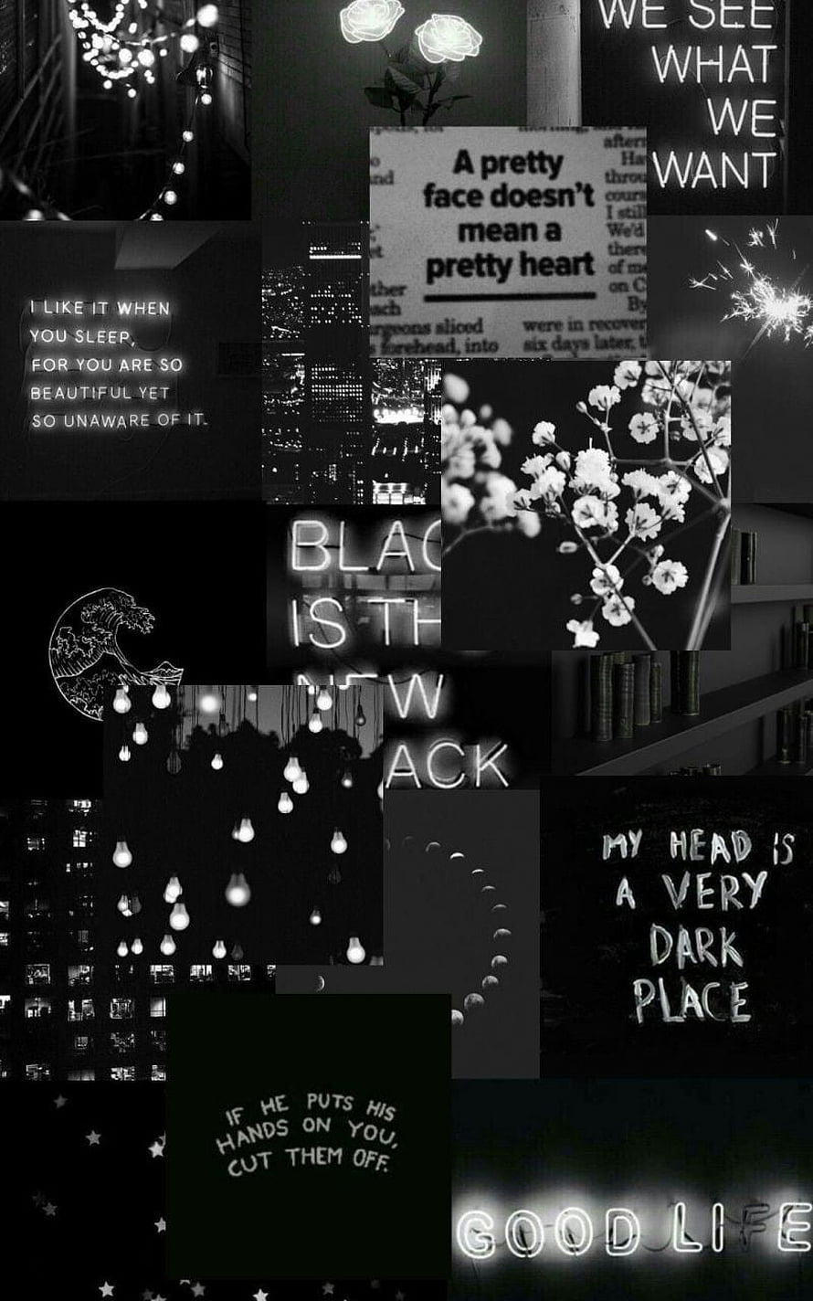 Dark Aesthetic Collage with Black and White Quotes, Flowers, and Neon Text HD phone wallpaper