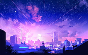 Neon Purple Cityscape at Sunset with Starry Sky and Silhouette HD wallpaper