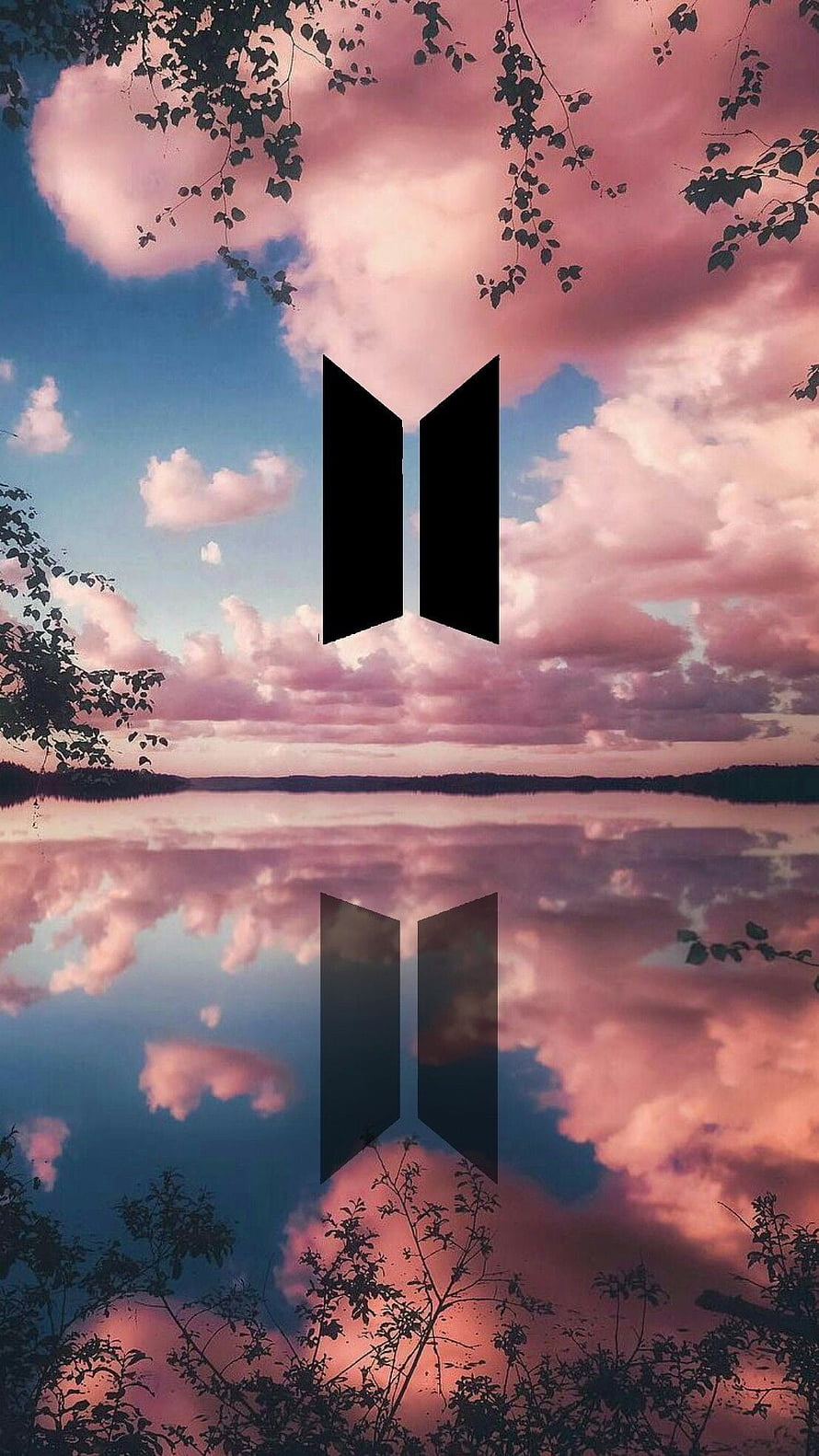 BTS Logo Over Serene Lake With Pink Clouds And Reflection HD phone wallpaper