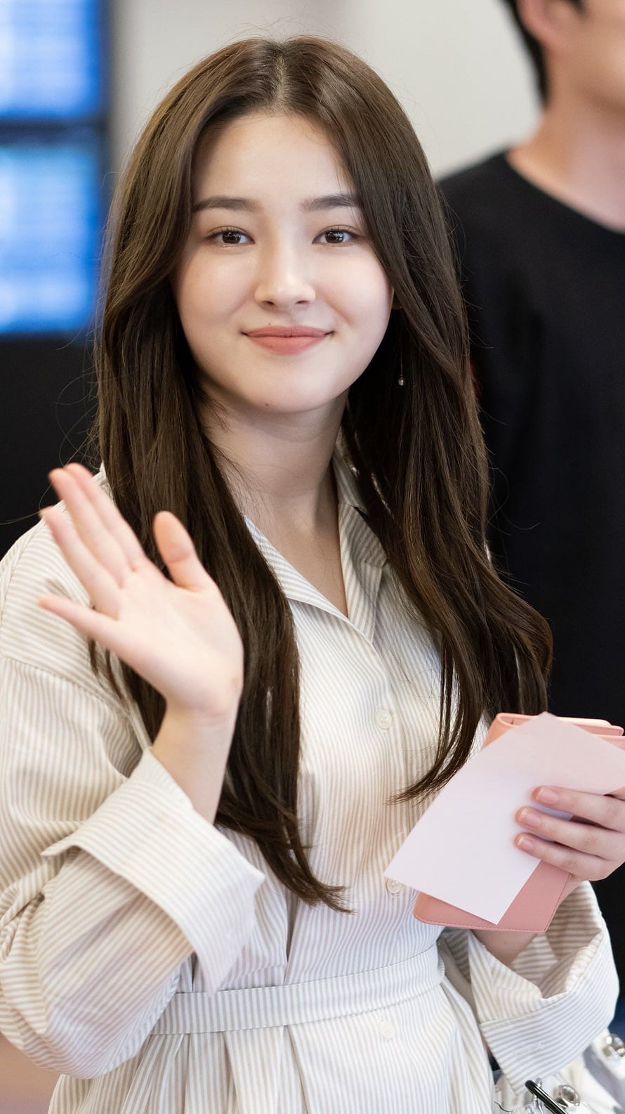 Nancy from Momoland Waving in Striped Shirt HD phone wallpaper