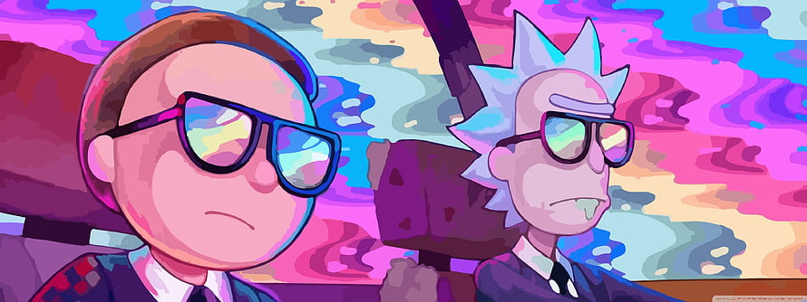 Rick and Morty wearing sunglasses in a psychedelic colorful animated style HD wallpaper