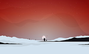 The Mandalorian Minimalist Silhouette Landscape with Red Sky and Snowy Terrain HD wallpaper