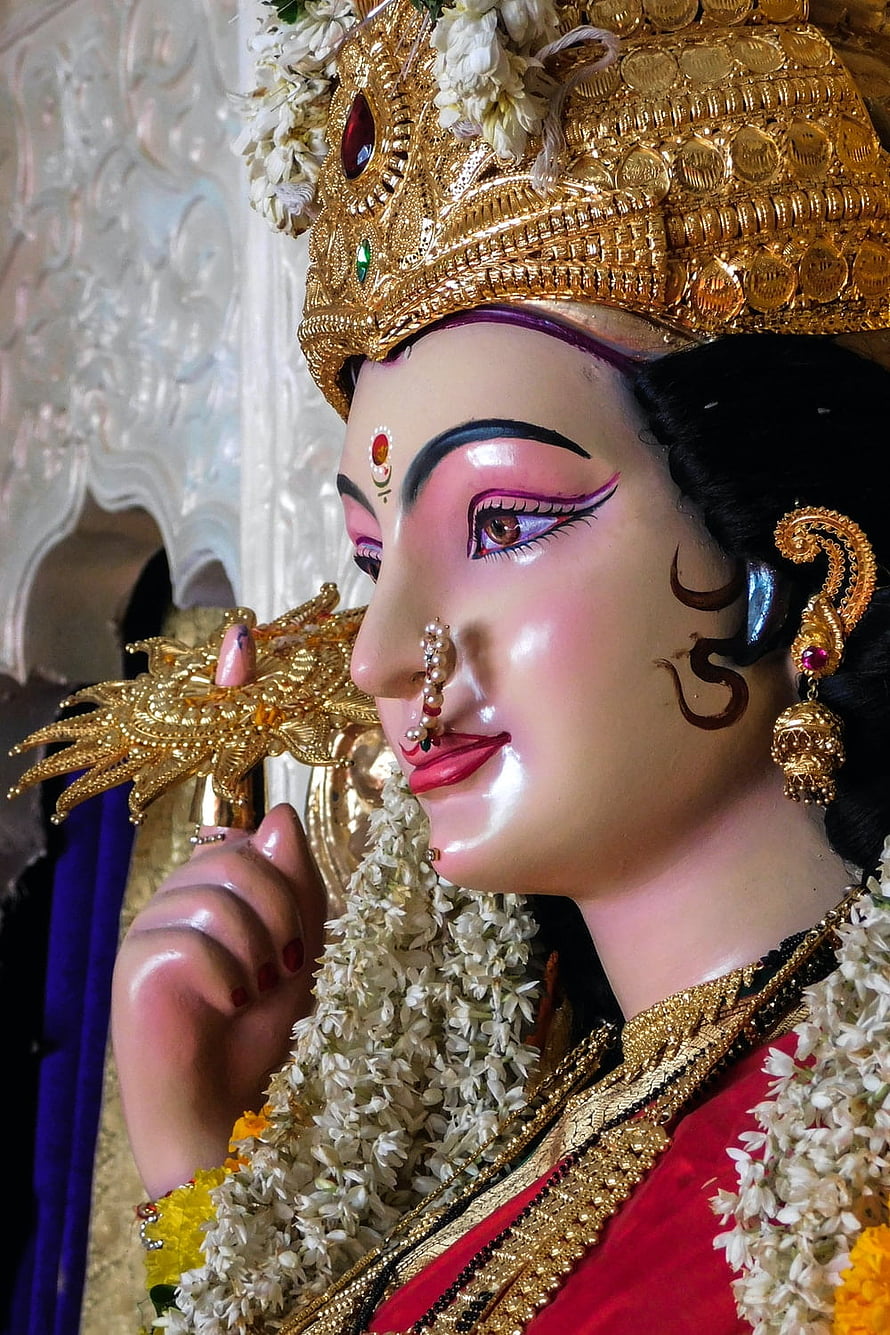 Durga Maa Temple Idol Adorned With Gold Crown And Jasmine Garland HD phone wallpaper