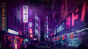 Cyberpunk Tokyo Street Scene with Vibrant Purple and Pink Neon Signs HD wallpaper