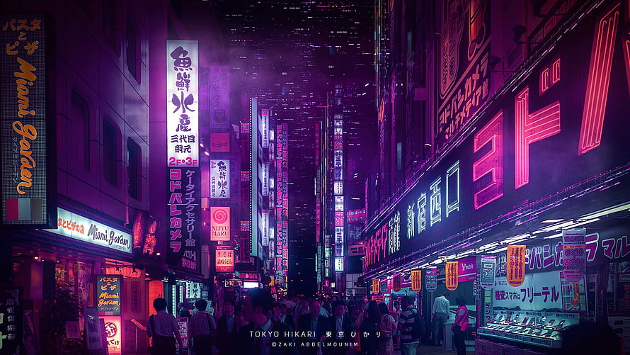 Cyberpunk Tokyo Street Scene with Vibrant Purple and Pink Neon Signs HD wallpaper
