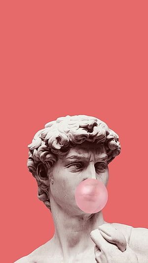 Michelangelo's David Statue Blowing Bubble Gum on Coral Pink Background HD phone wallpaper