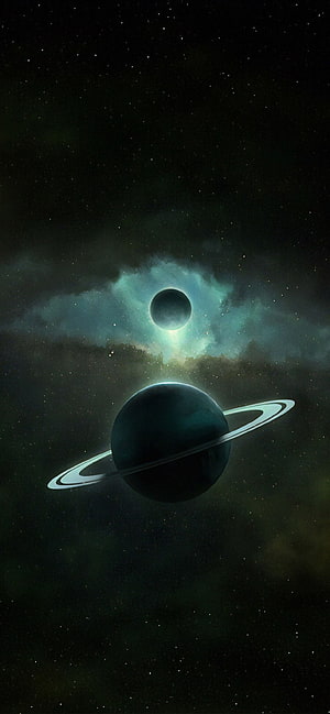 Dark Ringed Planet and Celestial Eclipse in a Teal Nebula Space Scene HD phone wallpaper