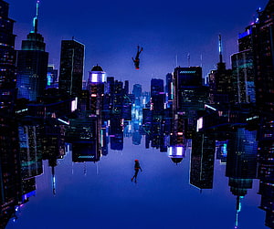 Spider-Man 2099 Falling Through a Surreal Upside-Down Neon Cyberpunk Cityscape, Spider Man : Into The Spiderverse : Spiderman, Spider-Verse HD wallpaper