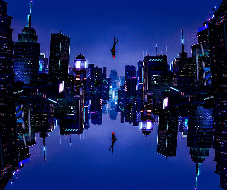 Spider-Man 2099 Falling Through a Surreal Upside-Down Neon Cyberpunk Cityscape, Spider Man : Into The Spiderverse : Spiderman, Spider-Verse HD wallpaper