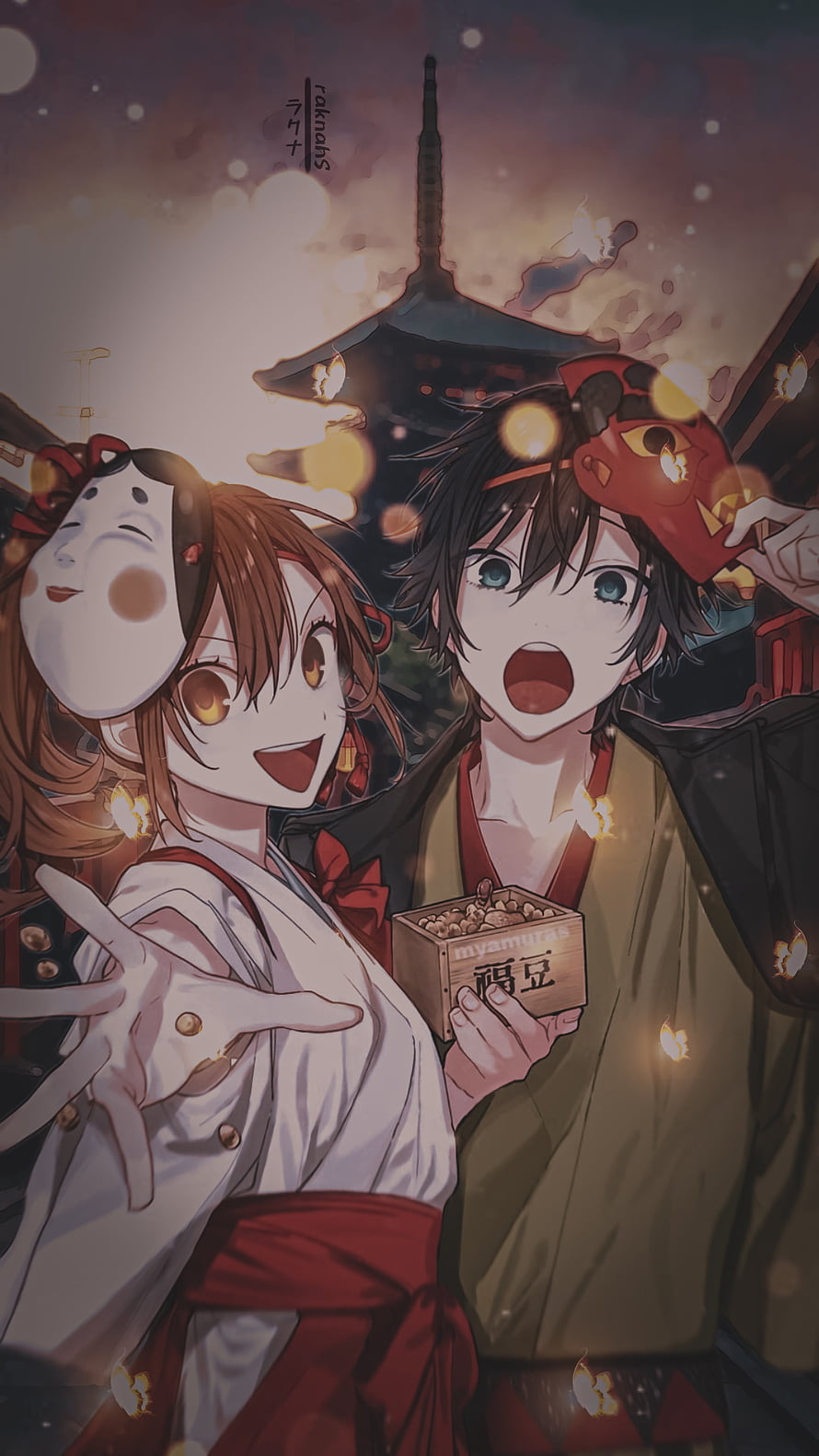 Horimiya Anime Couple at Night Festival with Masks and Lanterns HD phone wallpaper