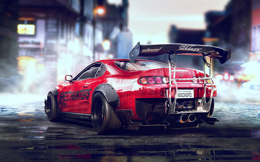 Red Toyota Supra MK4 Drift Build in Need For Speed Payback Rainy City Scene HD wallpaper