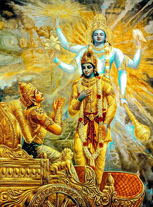 Krishna and Arjuna on the Divine Chariot in a Radiant Spiritual Vision HD phone wallpaper