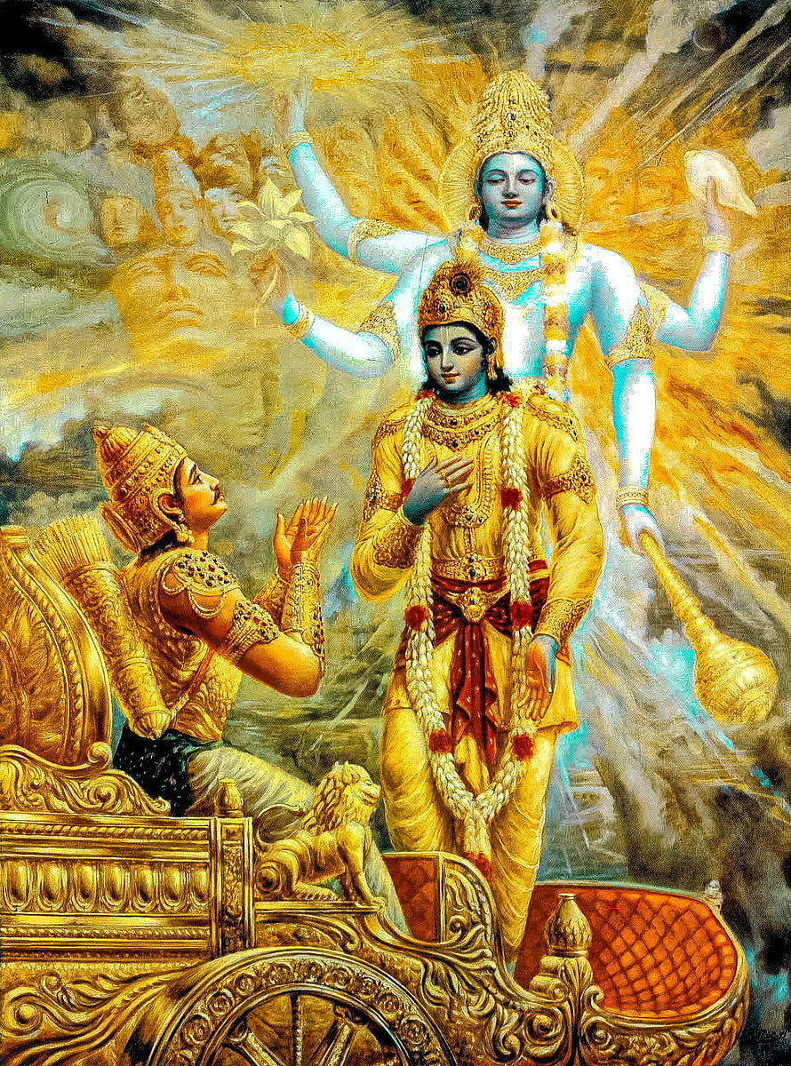 Krishna and Arjuna on the Divine Chariot in a Radiant Spiritual Vision HD phone wallpaper
