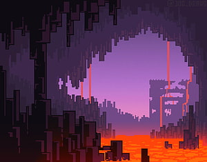 Minecraft Nether Cavern Pixel Art with Lava Flow and Purple Sky HD wallpaper