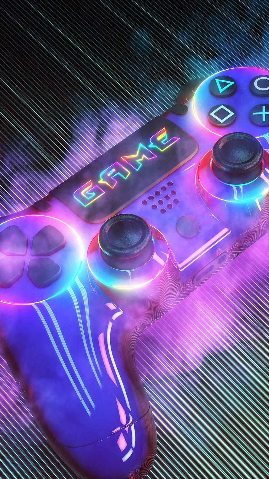 Neon Glowing PlayStation 4 Controller with Vibrant RGB Lighting on Dark Background HD phone wallpaper