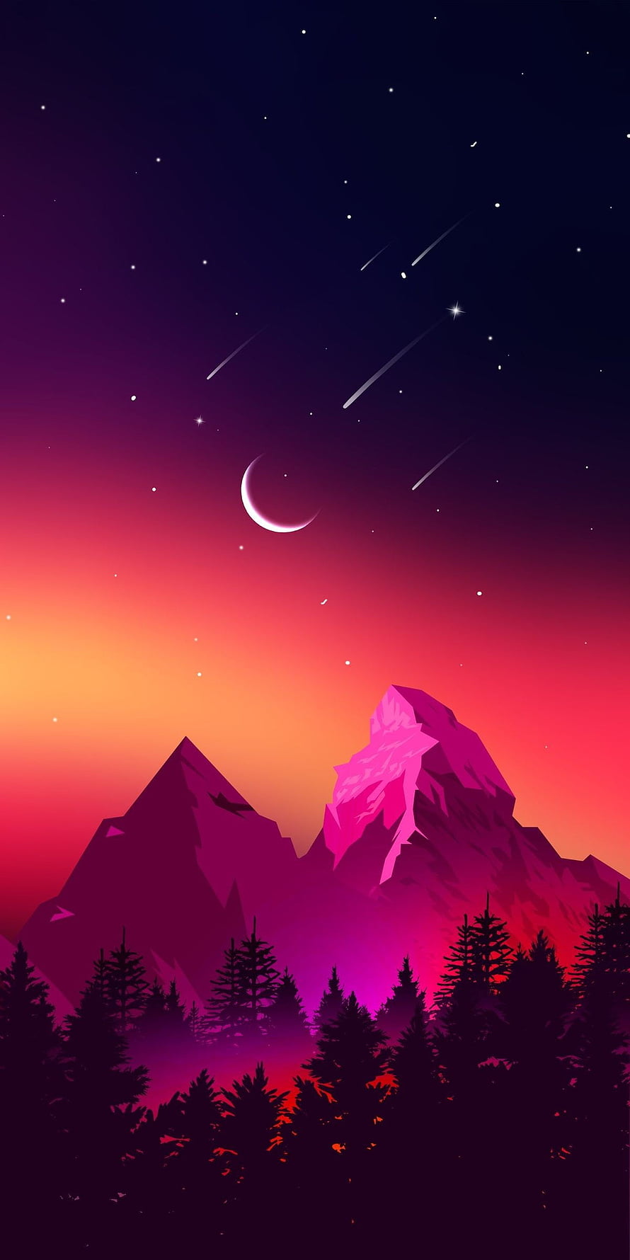 Stylized Mountain Landscape with Crescent Moon and Shooting Stars in Vibrant Sunset Sky HD phone wallpaper