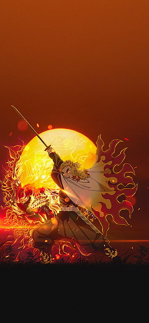 Kyojuro Rengoku Wielding Katana Amidst Blazing Flames and Sun in Demon Slayer HD phone wallpaper