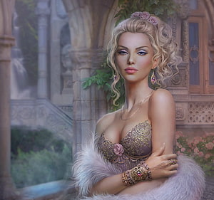 Elegant Blonde Woman in Gold Lingerie and Fur Stole in a Classical Garden, Beauty, frumusete, blonde, art, missqualle, gorgeous, girl, woman, fur, jewel, superb, rose, pink, lady, fantasy, flower, luminos HD wallpaper