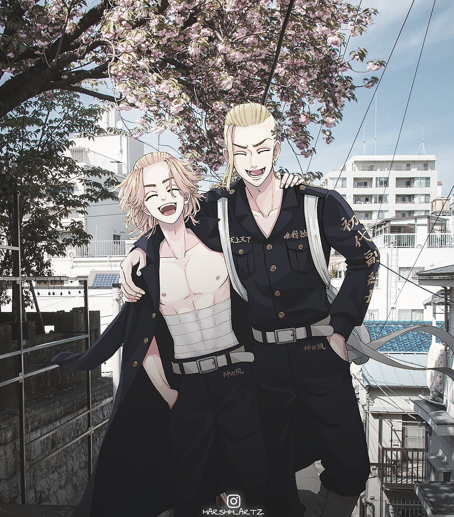 Mikey and Draken from Tokyo Revengers Sharing a Joyful Moment Under Cherry Blossoms HD phone wallpaper