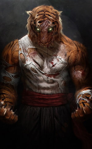 Anthropomorphic Tiger Warrior in Tattered White Shirt and Red Sash HD phone wallpaper
