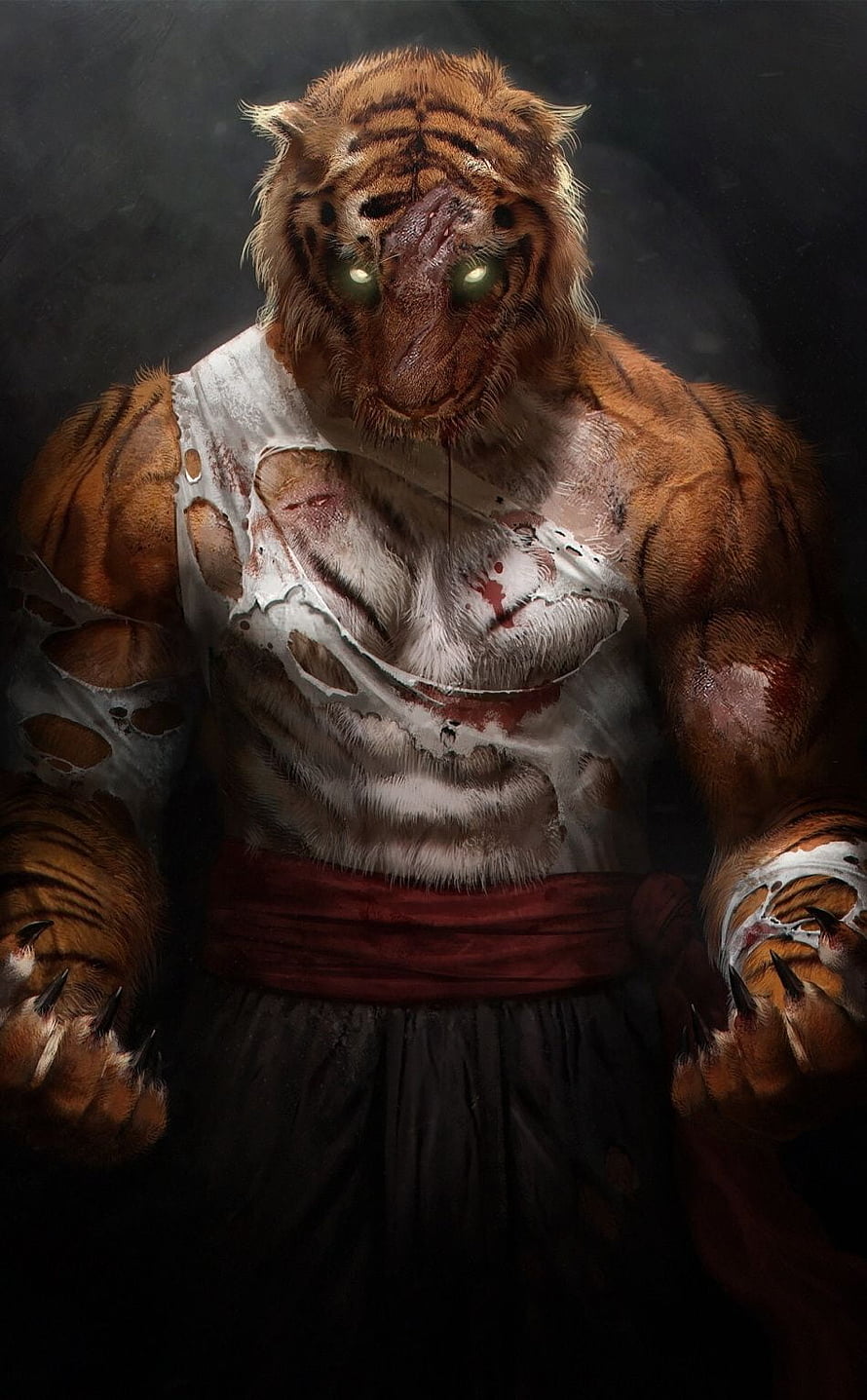 Anthropomorphic Tiger Warrior in Tattered White Shirt and Red Sash HD phone wallpaper