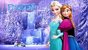 Elsa and Anna from Disney Frozen in a Snowy Forest with Olaf HD wallpaper
