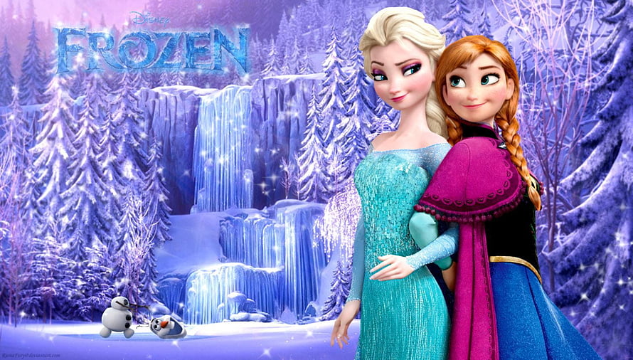 Elsa and Anna from Disney Frozen in a Snowy Forest with Olaf HD wallpaper