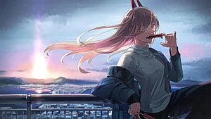 Power from Chainsaw Man Leaning on Balcony at Sunset, Power Chainsaw Man Live HD wallpaper
