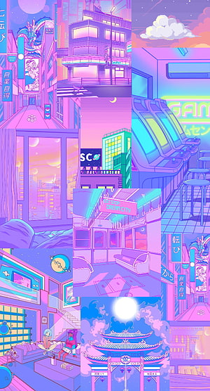 Vibrant Vaporwave Cityscape Collage Featuring Neon Streets, Arcade, and Anime Aesthetics HD phone wallpaper