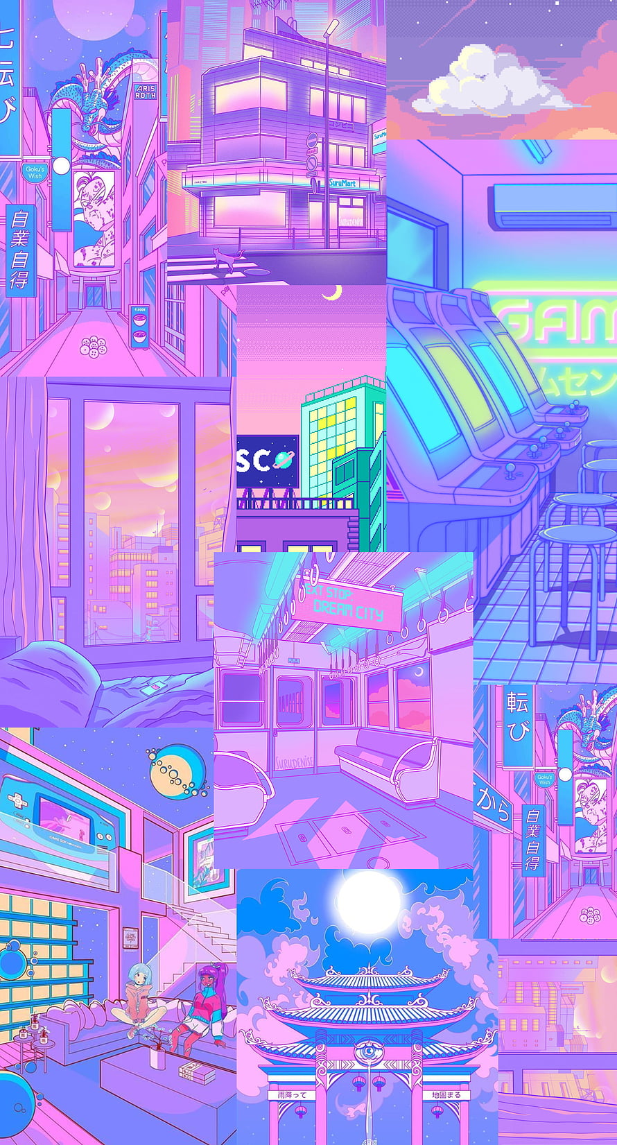 Vibrant Vaporwave Cityscape Collage Featuring Neon Streets, Arcade, and Anime Aesthetics HD phone wallpaper