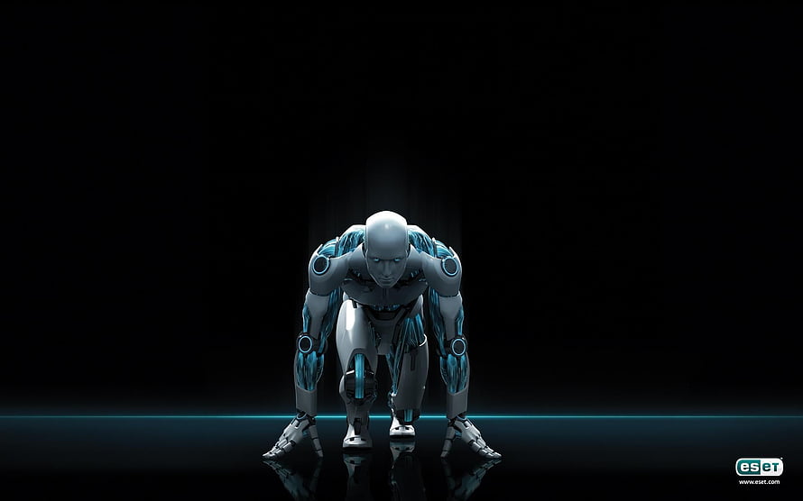 Futuristic Cybernetic Android in Crouching Pose with Blue Neon Accents HD wallpaper