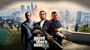 Grand Theft Auto V Three Protagonists Holding Weapons Against Los Santos City Skyline HD wallpaper