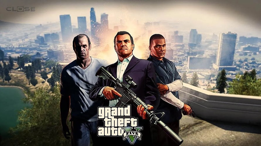Grand Theft Auto V Three Protagonists Holding Weapons Against Los Santos City Skyline HD wallpaper