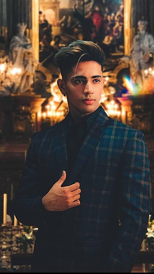 Danish Zehen in a blue plaid suit standing in a candlelit ornate hall HD phone wallpaper