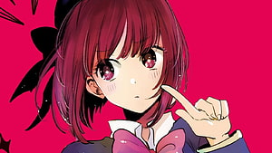 Oshi no Ko Anime Girl with Red Hair and School Uniform on Pink Background HD wallpaper