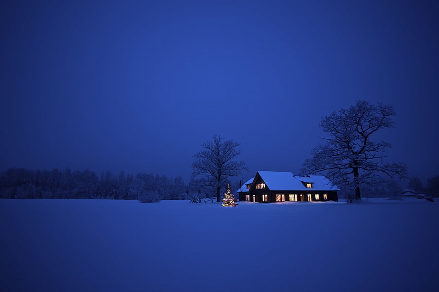 Cozy Cabin in Snowy Winter Landscape at Night with Christmas Tree HD wallpaper