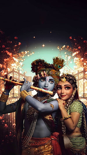 Radha and Krishna Playing Flute in a Magical Garden with Peacock Feather Crown HD phone wallpaper