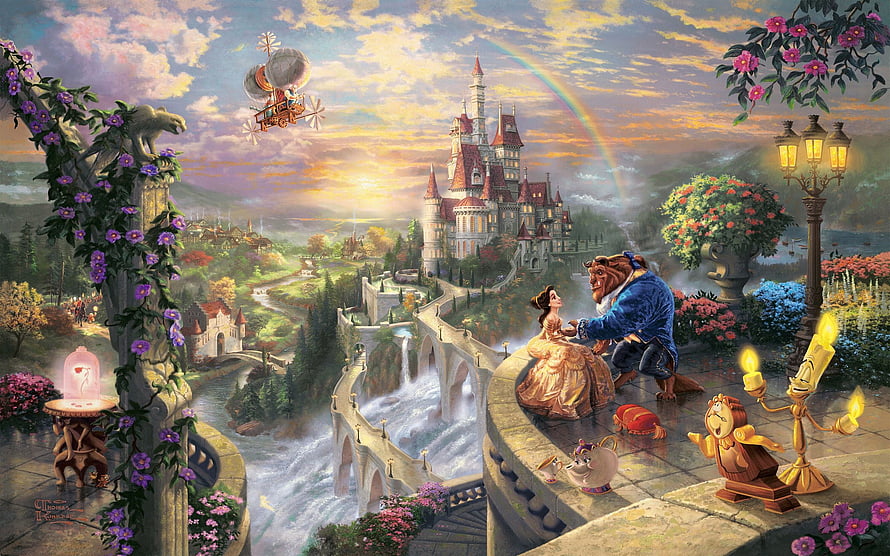 Thomas Kinkade Disney Beauty and the Beast Castle Scene with Characters and Rainbow HD wallpaper
