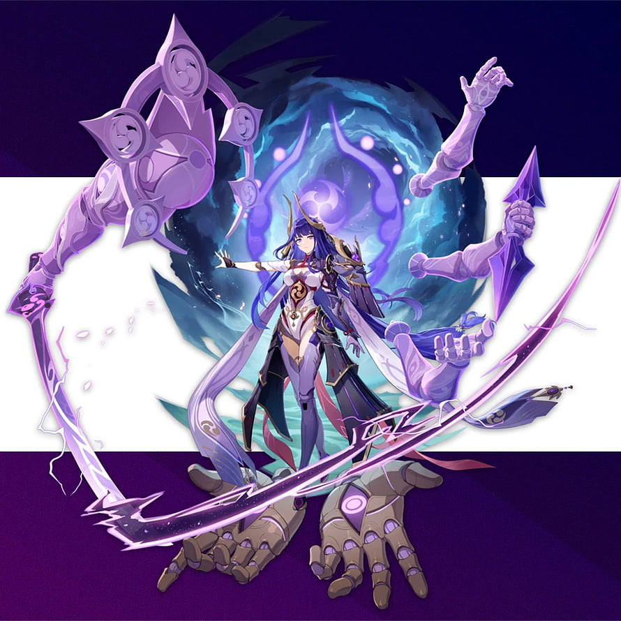 Raiden Shogun wielding her electro blade against a swirling purple vortex in Genshin Impact HD phone wallpaper