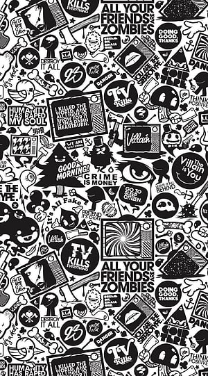 Black and White Doodle Art Pattern with TV Kills Everything and Villain Text HD phone wallpaper