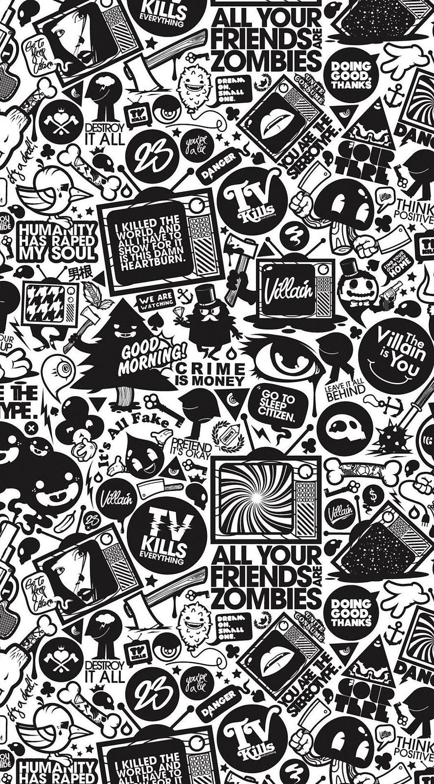 Black and White Doodle Art Pattern with TV Kills Everything and Villain Text HD phone wallpaper