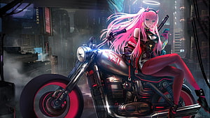 Pink-Haired Anime Girl Riding a Futuristic Motorcycle in a Neon Cyberpunk City HD wallpaper