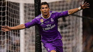 Cristiano Ronaldo in Real Madrid Purple Kit Celebrating a Goal HD wallpaper